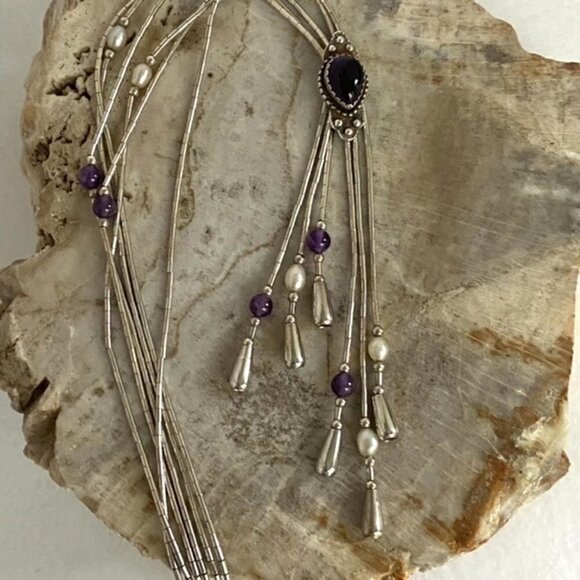 VTG Q.T. Sterling Carlisle Jewelry Amethyst Liquid Silver Tassel Y Necklace - Picture 13 of 16